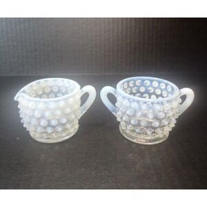 VTG Fenton Moonstone Hobnail Cream and Sugar Set Opalescent 2" Tall  Individual